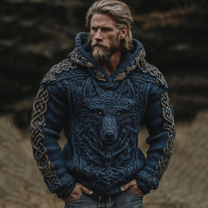 Men's Viking Wolf Celtic Knot Jacquard Knitted Hooded Sweater elevenforest
