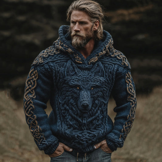 Men's Viking Wolf Celtic Knot Jacquard Knitted Hooded Sweater elevenforest
