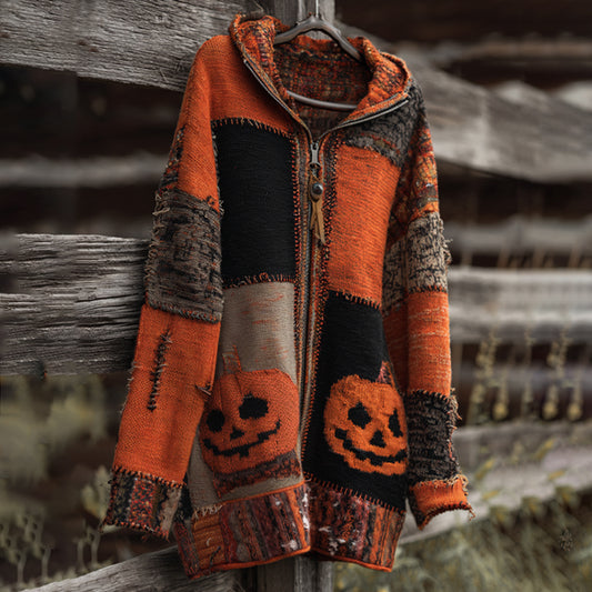 Vintage Patchwork Halloween Pumpkin Face Art Cozy Knit Hooded Sweater Coat elevenforest