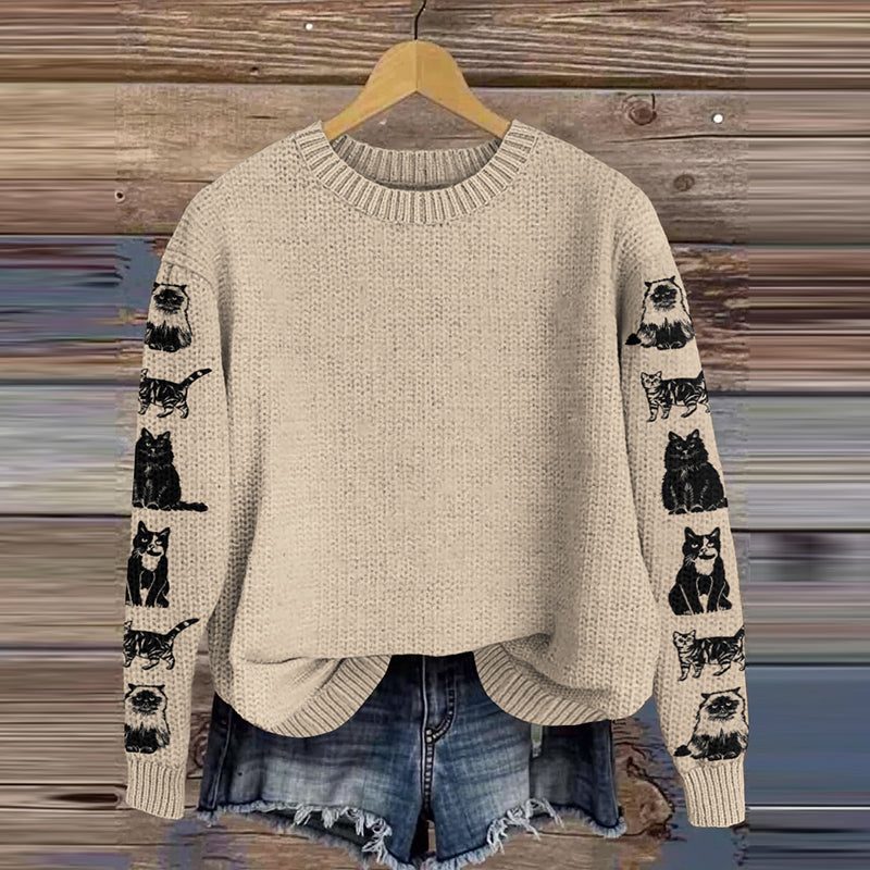 Comstylish Vintage Cute Cat Knitted Warm Crew Neck Sweater
