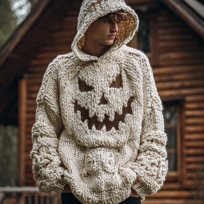Men's Halloween Pumpkin Face Chunky Knit Hooded Sweater artswardrobe