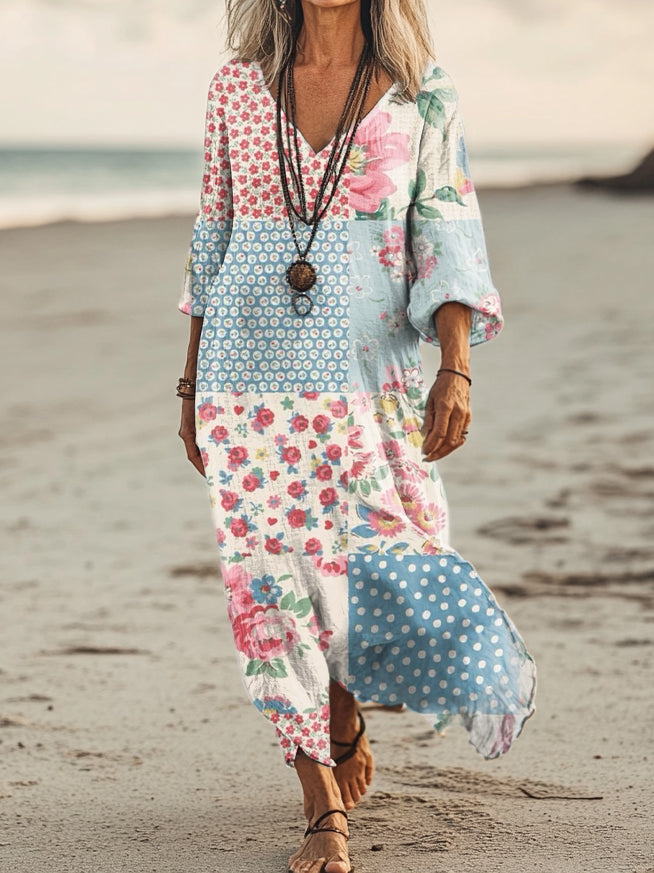 Women's Vintage Floral Patchwork Art Print Pocket Cotton Dress