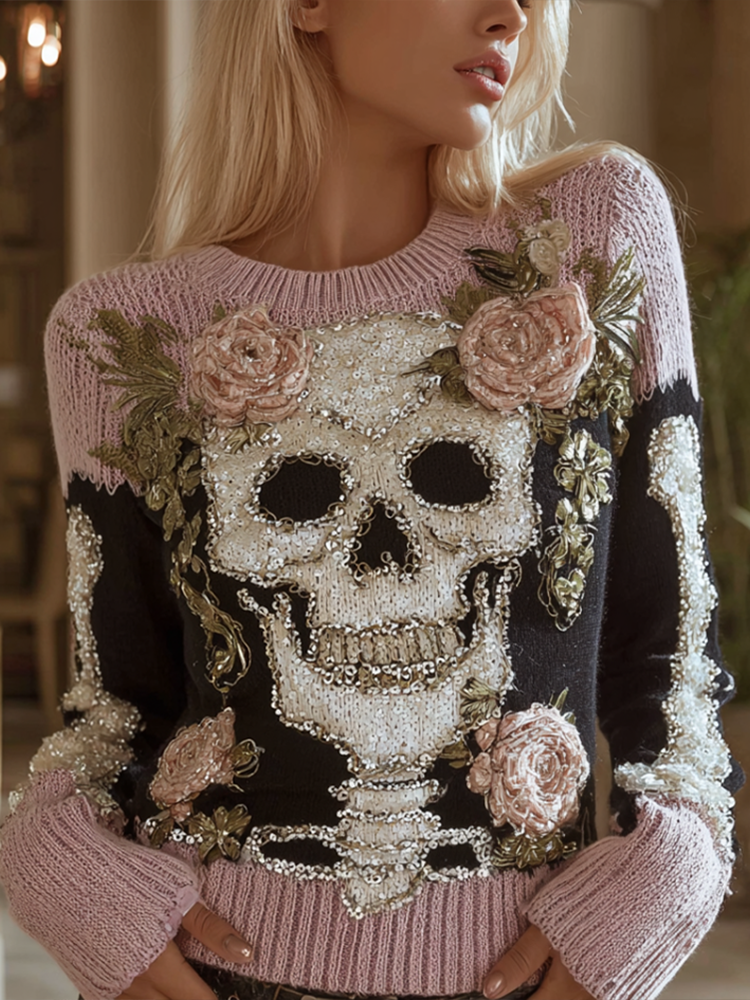 Halloween Skeleton And Plant Flower Pattern Combined Design Women's Knitted Sweater artswardrobe