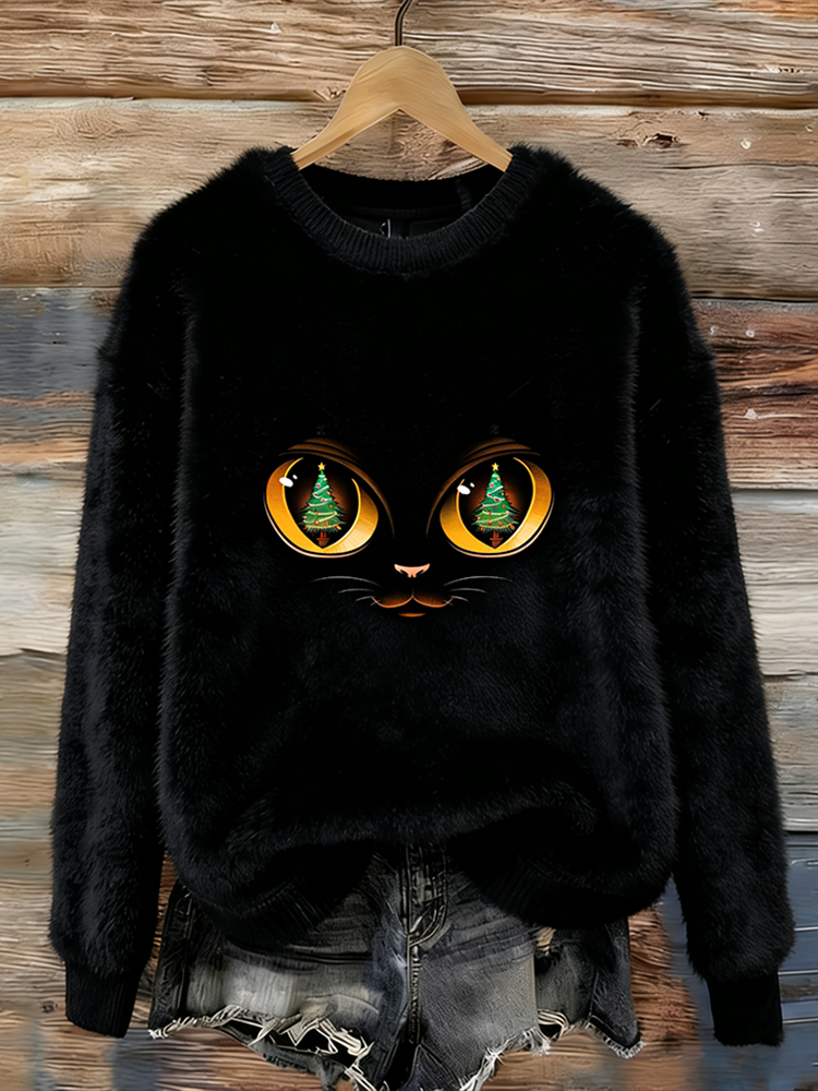 Comstylish Interesting Christmas Cat Lady Round Neck Flannel Sweatshirt