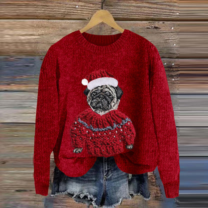 Comstylish Women's Christmas Pug Applique Art Cozy Sweater