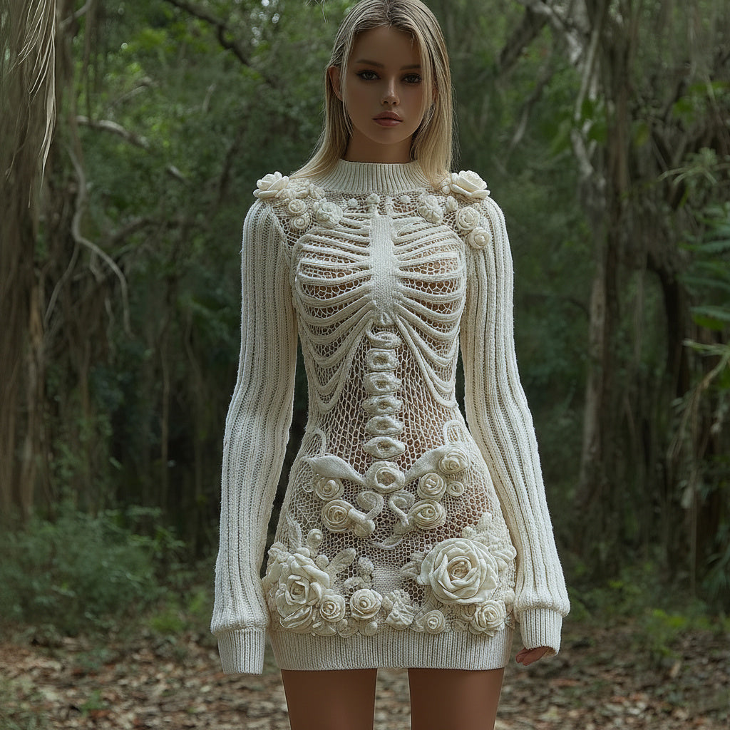 Women's Vintage Skull Rose Art Comfortable Elegant Sweater Dress artswardrobe