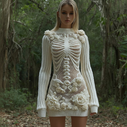 Women's Vintage Skull Rose Art Comfortable Elegant Sweater Dress artswardrobe