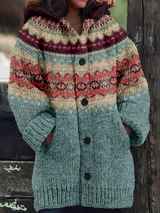 Vintage Fairisle Pattern Jacquard Cozy Hooded Cardigan elevenforest