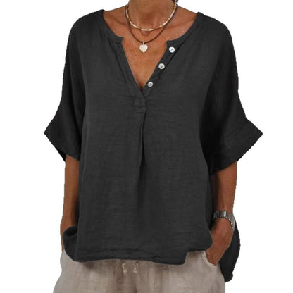 Comstylish Women's Solid Color Button Linen V-neck Shirt
