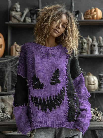 Halloween Spooky Face Contrast Stitched Cozy Knit Sweater artswardrobe