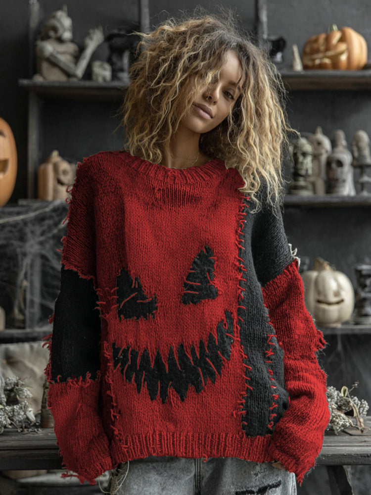 Halloween Spooky Face Contrast Stitched Cozy Knit Sweater artswardrobe