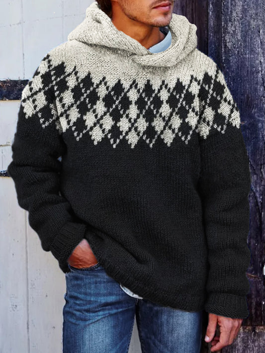 Men's Retro Argyle Yoke Contrast Color Cozy Knit Hooded Sweater elevenforest