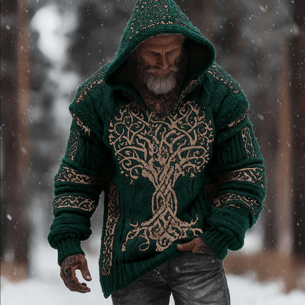 Men's Viking Style Flowering Tree Of Life Warm Thick Needle Hooded Sweater artswardrobe