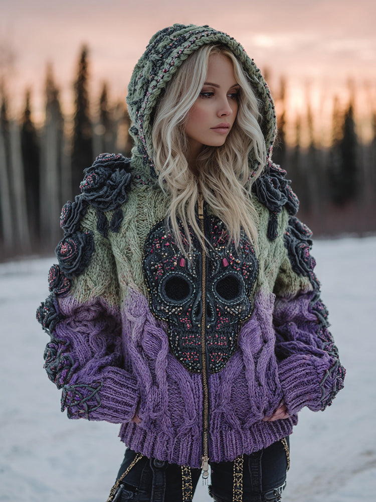 Women's Vintage Celtic Skull Gradient Art Cozy Knitted Hooded Cardigan artswardrobe