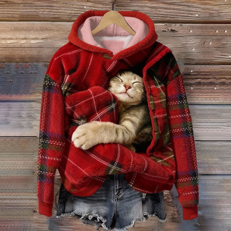 Comstylish Women's Christmas Plaid Cat Pattern Cozy Flannel Hoodie