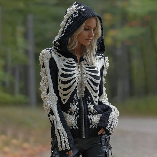 Women's Vintage Skeleton Rose Gothic Art Zipper Knit Hooded Sweater artswardrobe