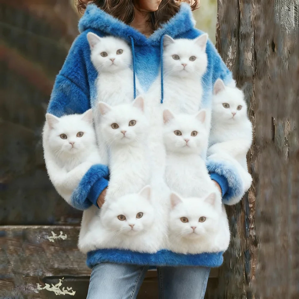 Comstylish Probe Cute Cat Flannel Hoodie