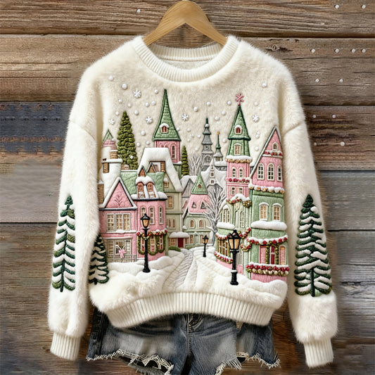 Christmas Fairytale Town Art Women's Cozy Plush Sweater