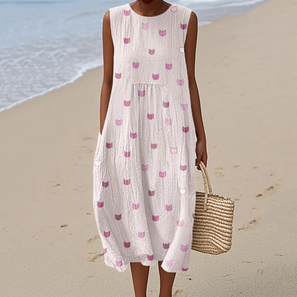Cute Little Kitty Pattern Cozy Linen Tank Dress artswardrobe