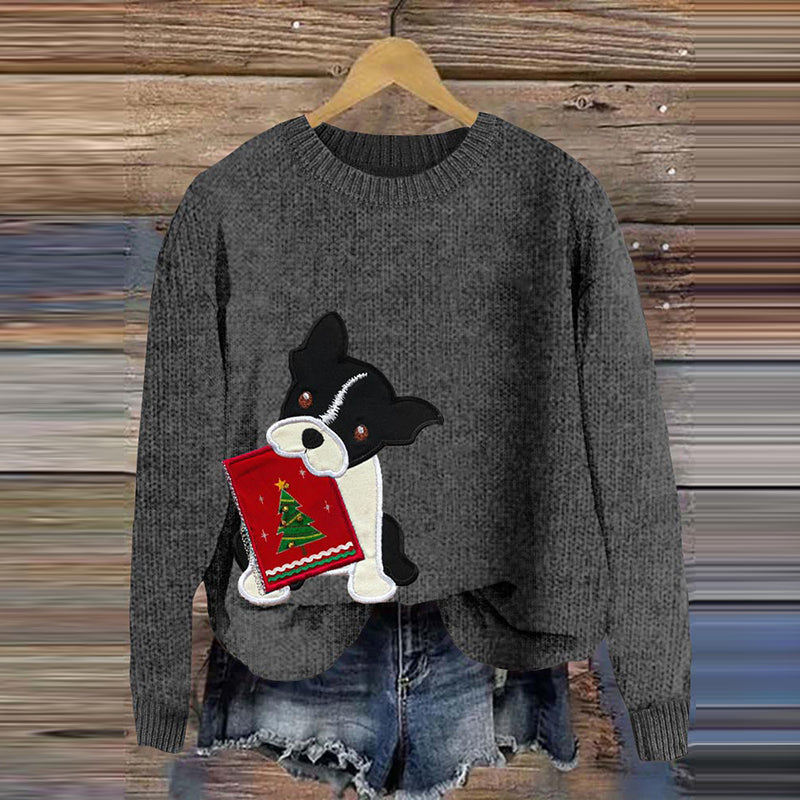 Comstylish Funny Christmas Tree Boston Terrier Applique Art Cozy Sweater