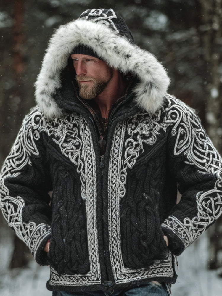 Men's Christmas Santa Celtic Art Warm Hooded Knit Sweater Jacket artswardrobe