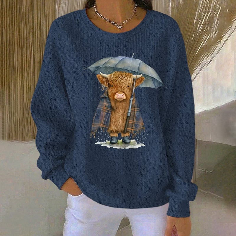 Women's Vintage Highland Cow Print Casual Crew Neck Sweatshirt artswardrobe