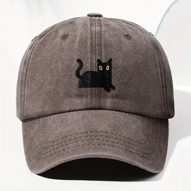 Japanese Art  Cute Black Cat Washed Sun Hat elevenforest