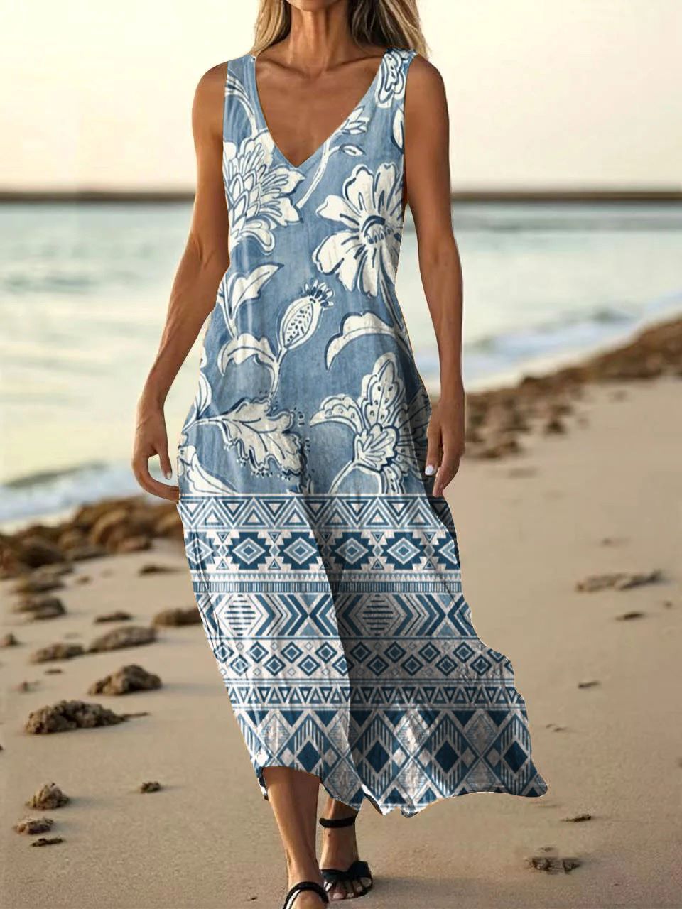 Women's Ethnic Floral Pattern Art Print Pocket Cotton Dresses