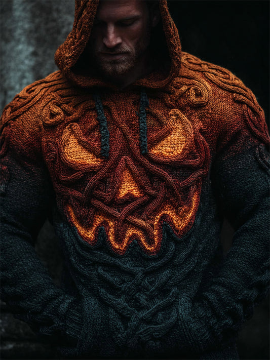 Men's Spooky Pumpkin Viking Celtic Gradient Cozy Chunky Hooded Sweater elevenforest