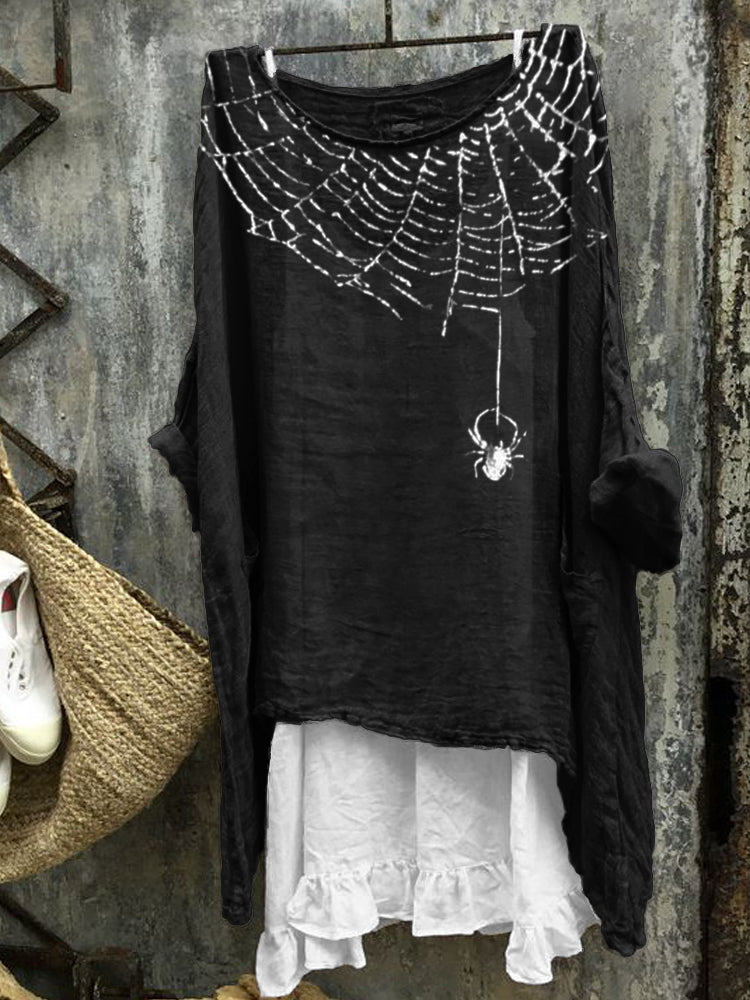Comstylish Halloween Spider & Spiderweb Glitter Linen Blend Tunic
