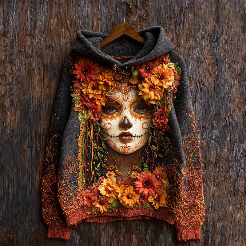 Day Of The Dead Sugar Skull Woman Flowers Lace Fiber Art Cozy Knit Hooded Sweater artswardrobe