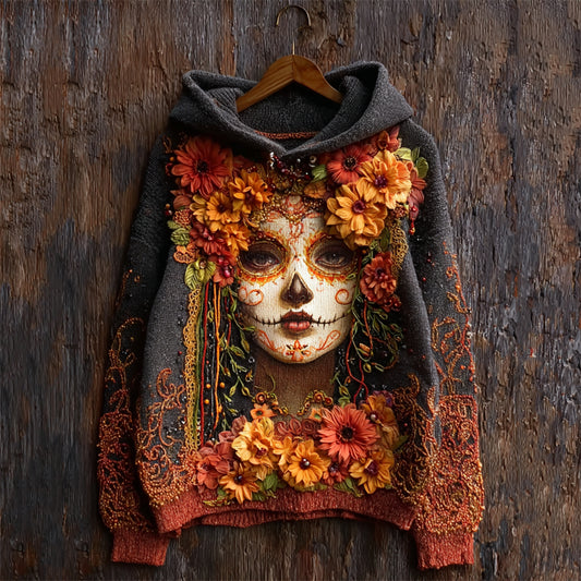 Day Of The Dead Sugar Skull Woman Flowers Lace Fiber Art Cozy Knit Hooded Sweater elevenforest