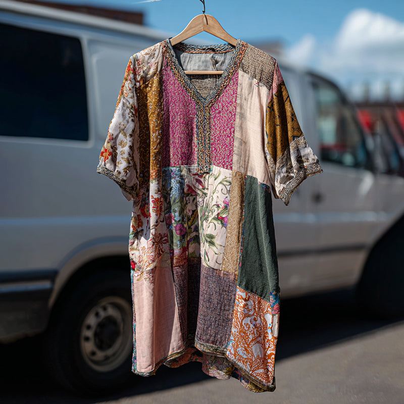 Countryside Style Collection Classy Patchwork Floral Pattern Art Linen Maxi Dress artswardrobe