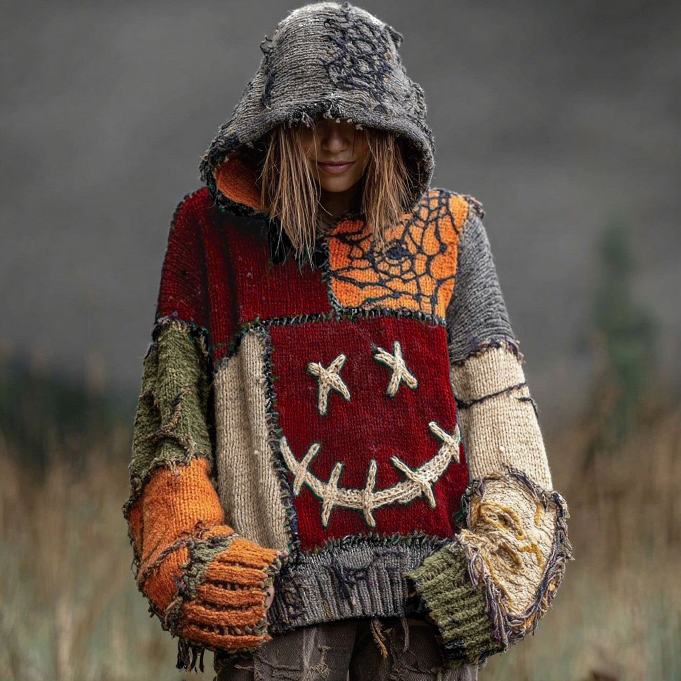 Halloween Spooky Face And Spider Web Patchwork Design Cozy Knit Hooded elevenforest