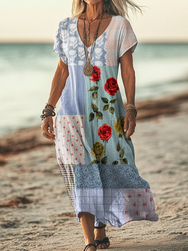 Women's Vintage Floral Patchwork Art Print Pocket Cotton Dress