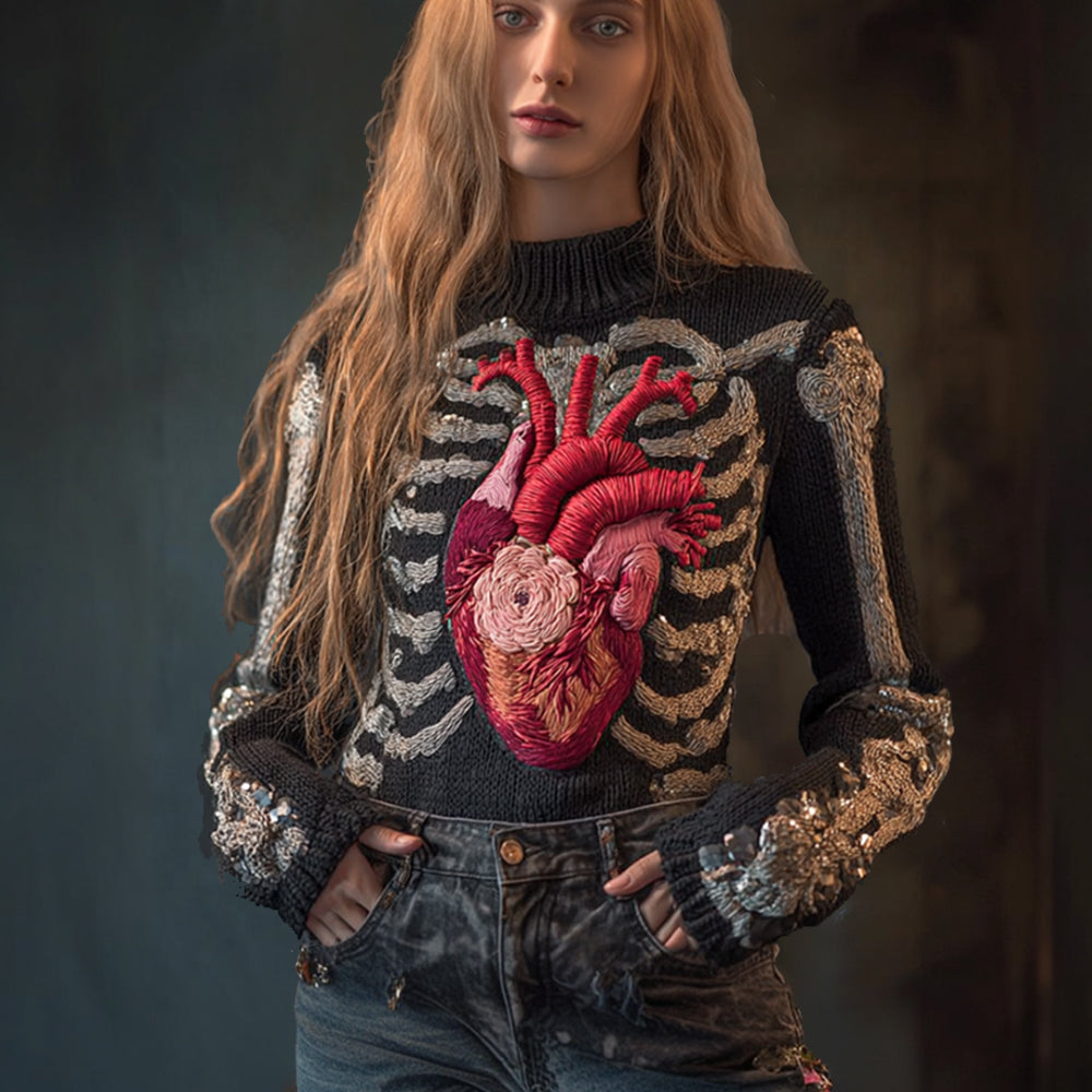 Female Anatomy Art Heart Antique Black Round Neck Sweater artswardrobe
