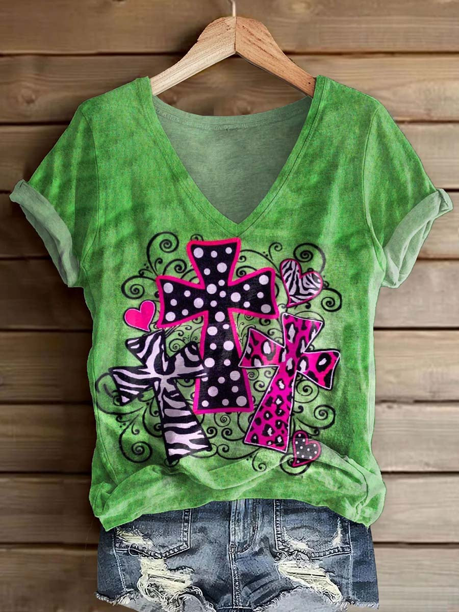 Women's Leopard Cross Art Print V-Neck Casual T-Shirt