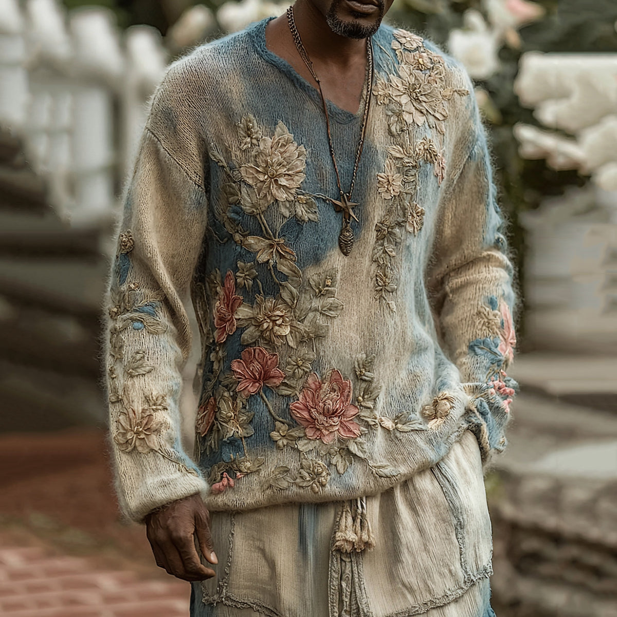 Men's Classic Floral Art Jacquard Thick Warm Turtleneck Sweater artswardrobe