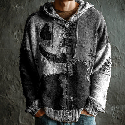 Men's Halloween Pumpkin Face Colorblock Stitched Cozy Knit Hooded Sweater elevenforest