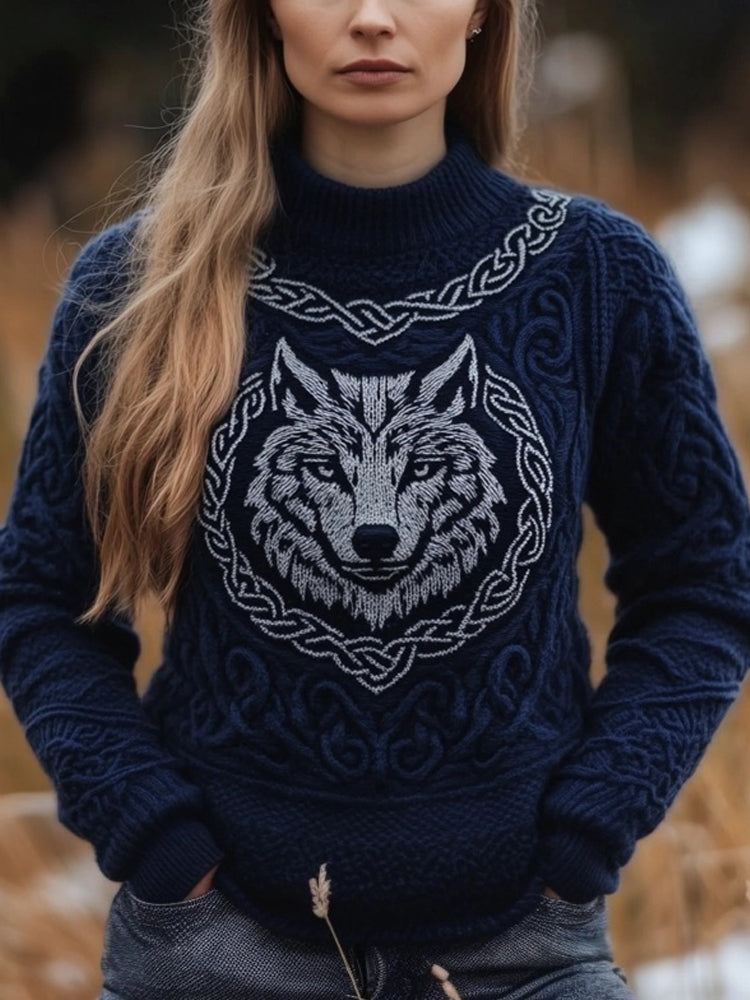 Viking Wolf Inspired Celtic Jacquard Cozy Chunky Sweater elevenforest