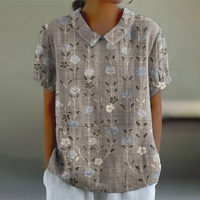 Comstylish Women's Retro Floral Art Print Casual Cotton Linen Shirt