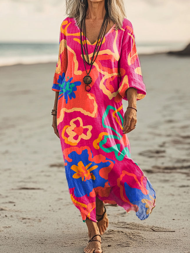 Women's Floral Art Print Pocket Cotton Dresses