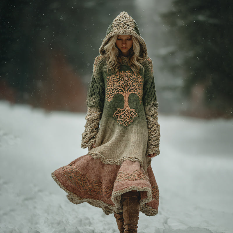 Women's Vintage Celtic Tree Of Life Ombre Hooded Sweater Midi Dress artswardrobe