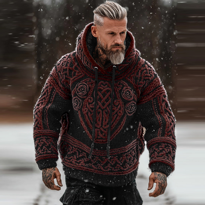 Men's Viking Tribal Jacquard Celtic With Rose Inspired Chunky Knit Hooded Sweater elevenforest