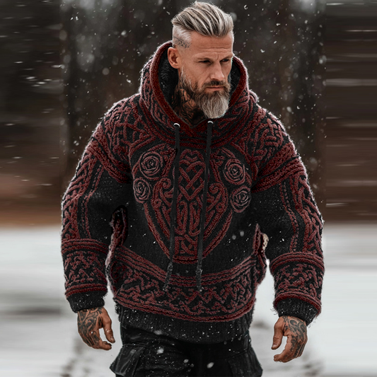Men's Viking Tribal Jacquard Celtic With Rose Inspired Chunky Knit Hooded Sweater elevenforest