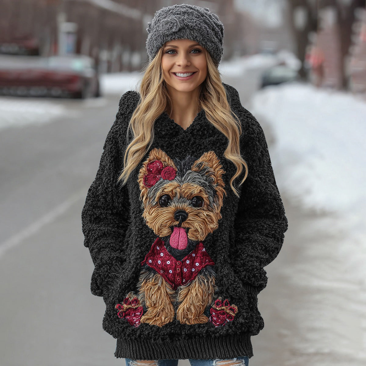 Cute Fuzzy Yoshka Puppy Soft Hooded Sweater artswardrobe