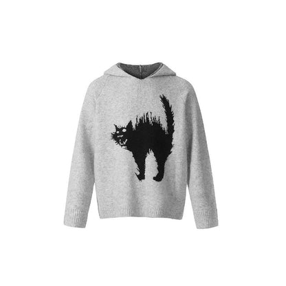 Unisex Scaring Black Cat Jacquard Art Knit Cozy Unisex Hooded Sweater artswardrobe