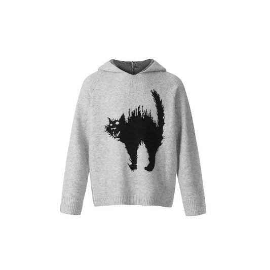 Unisex Scaring Black Cat Jacquard Art Knit Cozy Unisex Hooded Sweater artswardrobe