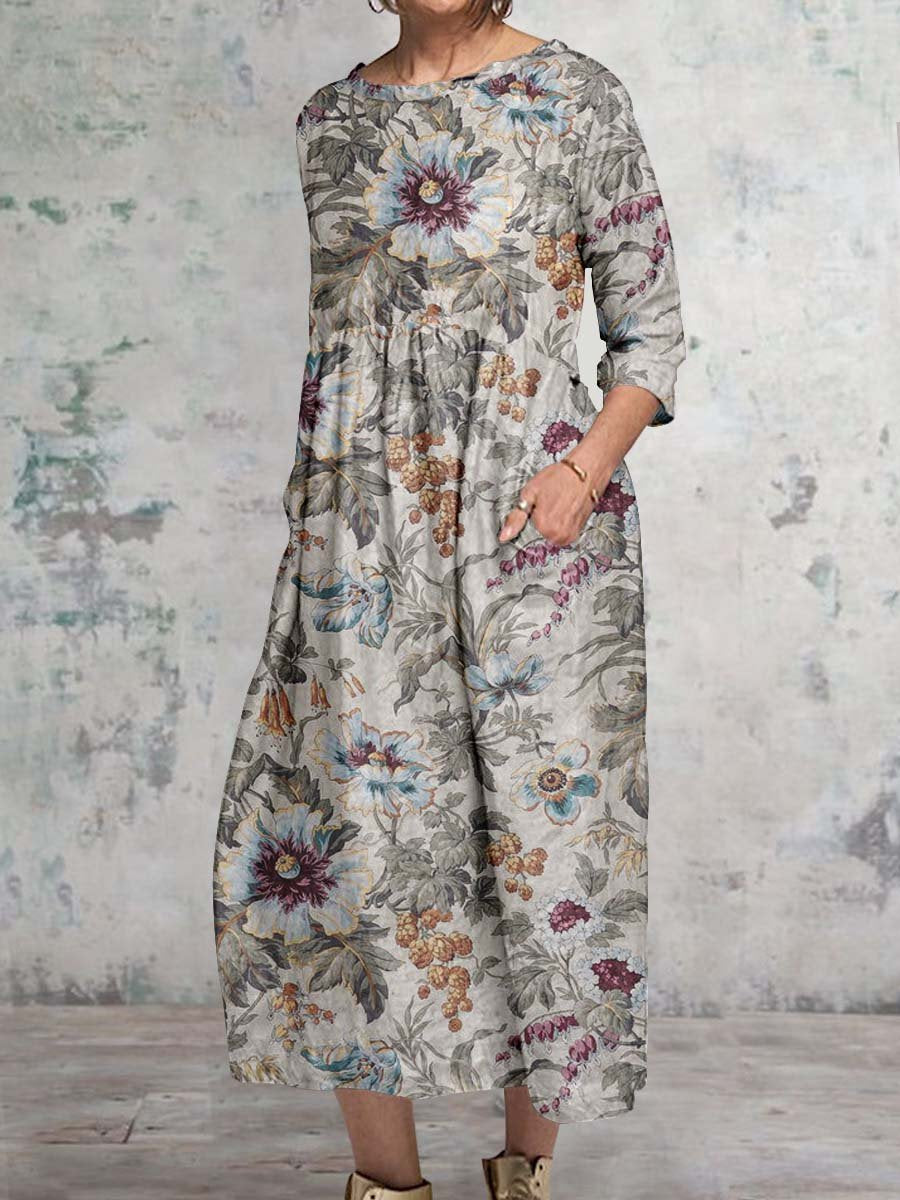 Women's Classic Floral Pattern Round Neck Cotton and Linen Top with Pockets