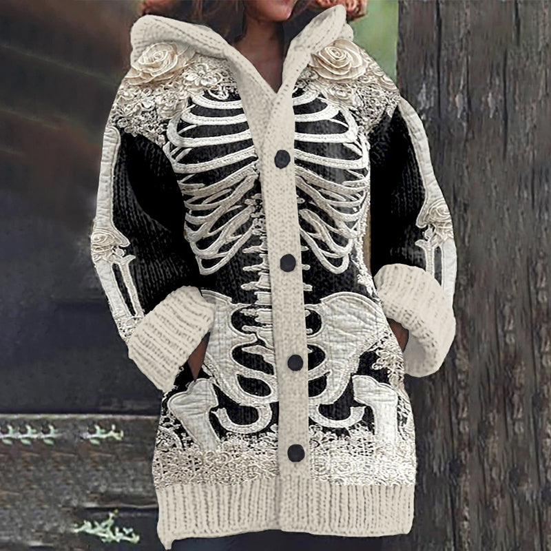 Women's Halloween Skeleton Bones With Rose Art Cozy Knit Hooded Cardigan Sweater artswardrobe